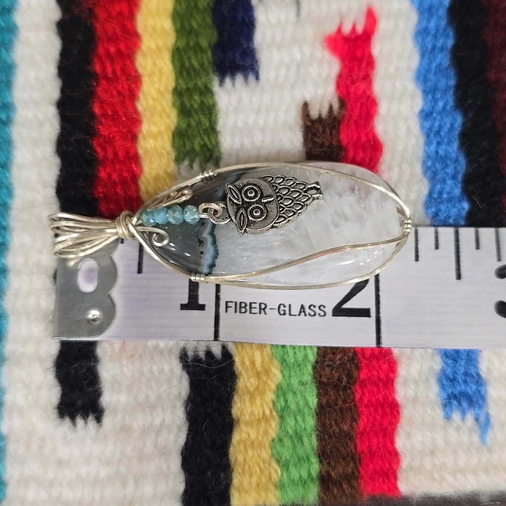 Handcrafted Silver Owl Agate Pendant Necklace - Blue/White - Picture 7 of 7